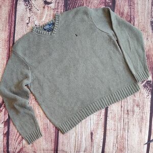 Vtg Olive Green Heather Heavy Wheat Knit Cotton Sweater Excellent Condition